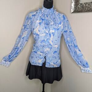 Blue and white floral print blouse size medium